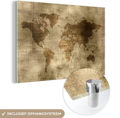 ® Glasschilderij 150x100 cm - Schilderij acrylglas - Wereldkaart - Antiek - Bruin - Foto op glas - Muurdecoratie woonkamer - Wanddecoratie slaapkamer - Schilderijen