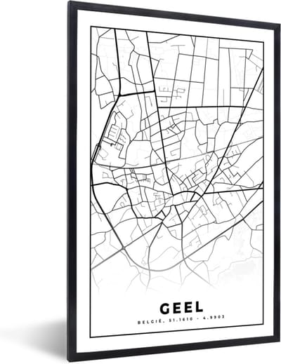 Fotolijst incl. Poster Zwart Wit- België – Geel – Stadskaart – Kaart – Zwart Wit – Plattegrond - 40x60 cm - Posterlijst