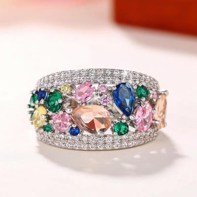 Huitan Regenboogkleur Zirkonia Ringen Vrouwen Nieuwe Bruiloft Accessoires Luxe Trendy Dames Ringen Feest Statement Sieraden 6 gray