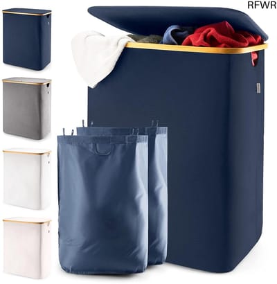 RFWR® Wasmand met deksel en 2 compartimenten - 150L Ademend Bamboe frame - Waterdichte Opbergoplossing - Blauw