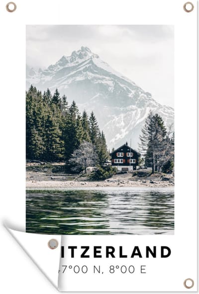 Muurdecoratie Zwitserland - Huis - Meer - 120x180 cm - Tuinposter - Tuindoek