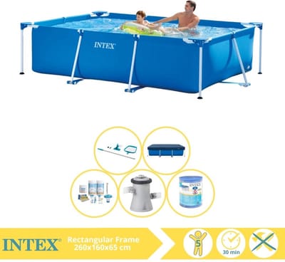 Intex Rechthoekig Frame Zwembad - 260 x 160 x 65 cm - Blauw - Inclusief Afdekzeil - Onderhoudspakket - Zwembadfilterpomp - Filter - Schoonmaakset - 6-delig