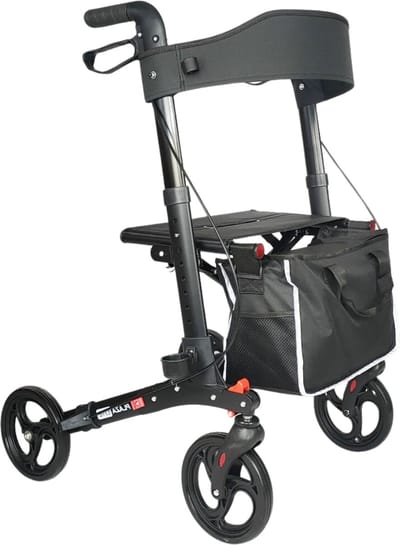 Rollator Plaza Lite - Lichtgewicht - Drie dubbel opvouwbaar - Anti-lek banden Soft Banden - Past in elke auto - Weegt 6,9 kg - Zwart - Inclusief boodschappentas, stokhouder en rugsteun