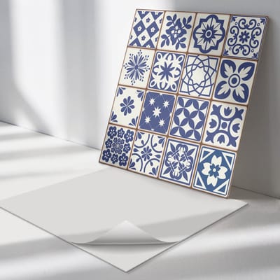 Wallfluent Vinyl Tegels - Decoratieve tegelpatronen Zelfklevende Vinyl Tegels - 30 cm x 30 cm - Blauw Vinyl Tegels - Verpakking van 9 stuks - Vierkant PVC Tegels - Texturen Plaktegels - Vinyl Wandtegels - Plaktegels Keuken en Badkamer