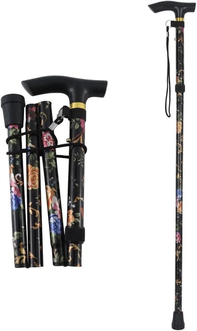 Opvouwbare Wandelstok - Reisstok Inklapbaar - Veilig Lopen - In Hoogte Verstelbaar - 85-95 cm - Zwart Bloemenpatroon