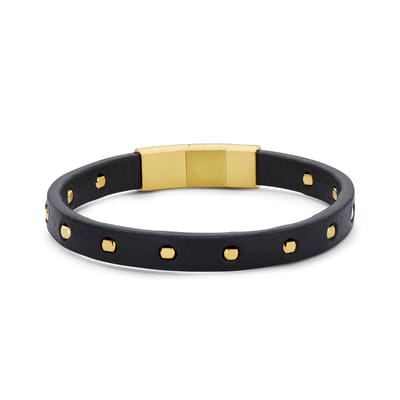 7FB-0838 – Frank 1967 – Heren Armband – Leren Armband – Zwart – Metalen Elementen – Goudkleurig – Geborsteld