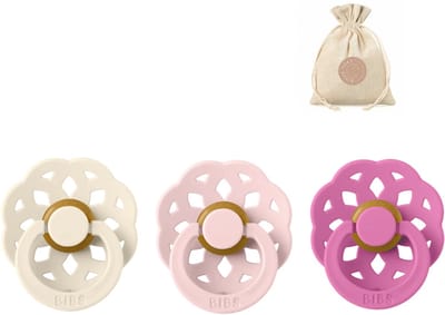 Bibs boheme fopspenen - Maat 1 0 - 6 maanden - Bubblegum. Blossom, Ivory + Bolletoet speenzakje