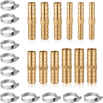 12-delige Slangconnector Adapters, 2-Weg Messing T-stuk met 12 Klemmen voor Brandstofslangen 6mm/8mm/10mm/12mm, Geschikt voor Tuin en Auto
