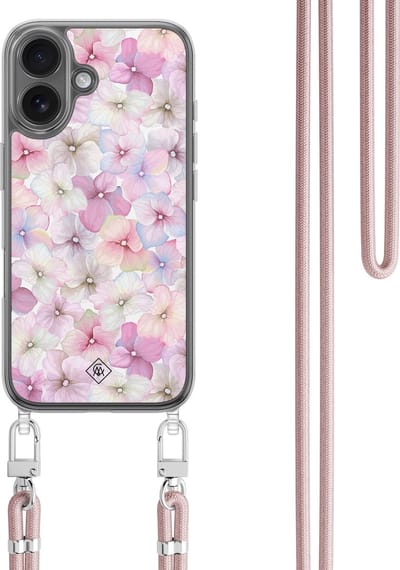 Casimoda® hoesje met koord - Geschikt voor iPhone 16 - Hortensia - Afneembaar koord - TPU/polycarbonaat - Paars