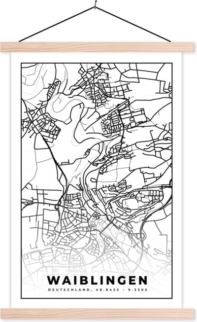 Posterhanger incl. Poster 40x60 cm - Schoolplaat - Plattegrond - Stadskaart - Waiblingen - Kaart - Textielposter - Blanke latten - Stadskaart