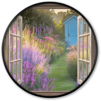 Poster in lijst Rond - Fotolijst 60x60 cm - Posters - Doorkijk - Bloemen - Raam - Natuur - Ronde posterlijst zwart - Decoratie - Wanddecoratie woonkamer - Muurdecoratie slaapkamer