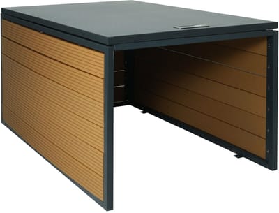 XL robotmaaier garage met deksel MCW-L45, overkapping voor grasmaaiers, WPC metaal 43x70x90cm ~ eiken look