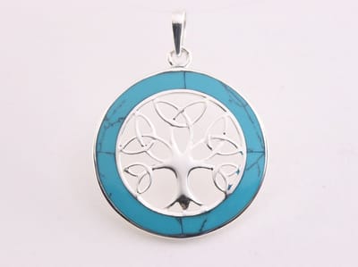 Ronde zilveren levensboom hanger met blauwe turkoois
