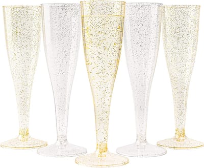 Matana – 120 Plastic Champagneglazen, 133ml – Met Goud & Zilver Glitter – Herbruikbaar & Stevig – Voor Bruiloften, Verjaardagen & Feesten