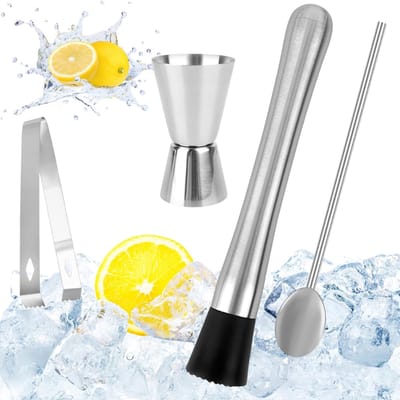 TIM® IJscrusher - Roestvrijstalen Cocktail Stamper met Cocktaillepel - Barman Set - Mojito Stamper - IJsvergruizer - Stamper - Shaker met Maatbeker - Bar Accessoires voor Keuken - Restaurant - Zilver- 22cm x 15cm x 4cm
