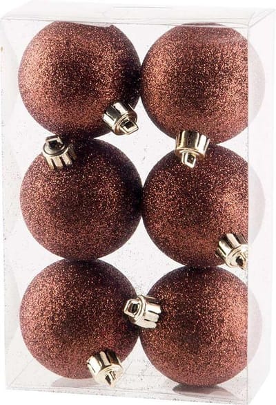 Cosy @ Home Kerstballen - Bruin Glitter - Kunststof - Ø6cm ( Set van 6 )