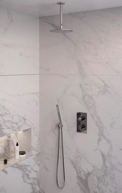 Brauer Chrome Edition thermostatische inbouw regendouche 3-weg omstelling SET 29 met 20 cm douchekop en plafondarm en staaf handdouche en doucheslang en wandaansluitbocht chroom