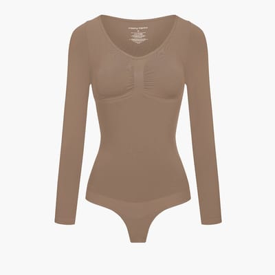 cfab - Bodysuit met corrigerende werking, lange mouwen en koord - Caramel - XS