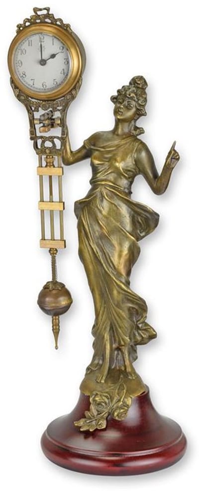Tafelklok mysterieuze stijl – decoratieve klok gehouden door geklede vrouw – klassiek design – unieke woondecoratie – perfect cadeau