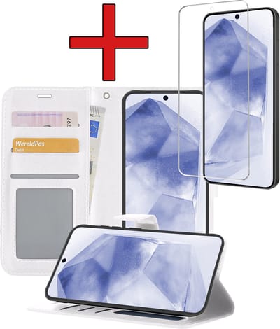 Hoesje - Met Screenprotector - Geschikt voor Samsung Galaxy A55 - Luxe Pasjeshouder - Flipcase - Bookcase Portemonee - Flip Case - Kunstleer Book Case - Book Cover - Walletcase - Portemonneehoes - Telefoonhoes - Wit