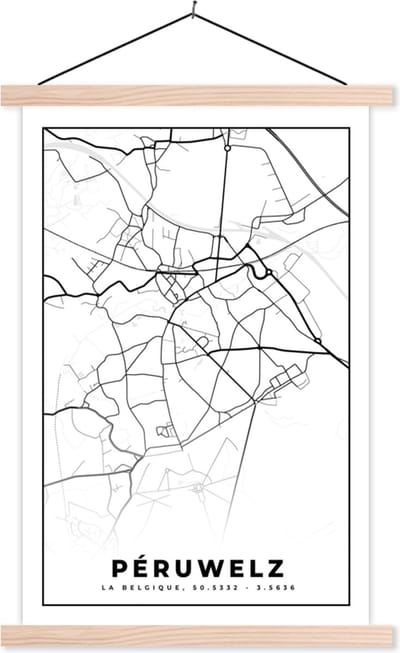 Posterhanger incl. Poster 40x60 cm - Schoolplaat - Plattegrond – Péruwelz – Zwart Wit – Stadskaart - Kaart - België - Textielposter - Blanke latten - Stadskaart