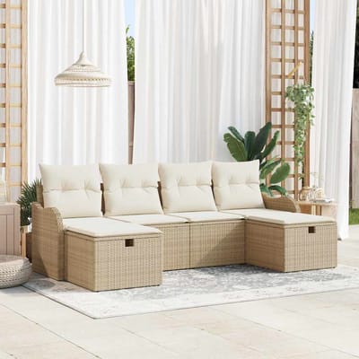 vidaXL - Bankstel - met - kussen - met - opslag - 6 - pcs - Beige - en - Crème - poly - rattan