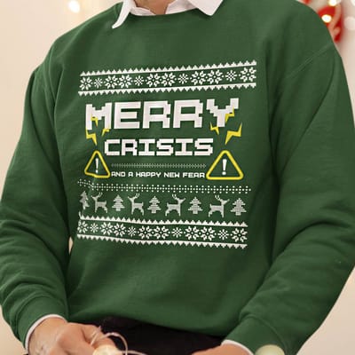 Foute Kerst Trui Groen Merry Crisis & A Happy New Fear XS