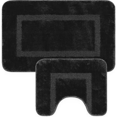 Loti Living Badmat Set Met Toiletmat Antislip – Douchemat – Badmat Badkamer – Vloermat – Badmat set wc mat – Badmat set antislip - Zwart - 50x80 cm + 50x40 cm