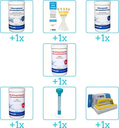 Zwembad Onderhoudspakket - Onderhoud Zwembad - bevat Chloor - Testrips - Chloor - PH-min - PH-plus - Thermometer en Scrubborstel (7-delig)