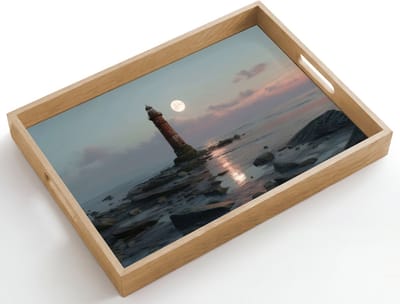 Dienblad hout 50x35 cm - Schootdienblad - Vuurtoren - Stenen - Water - Maan - Borrelplank rechthoek - Plateau dienbladen