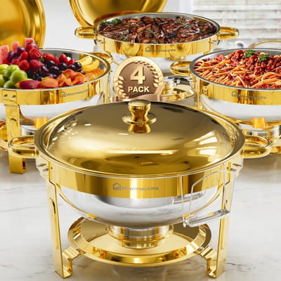 WARMOUNTS 4-delige Ronde Chafing Dish 4,7L – Goudkleurige Roestvrijstalen Buffetwarmer met Deksel en Houder, Spiegelpolijst – Ideaal voor Feest, Evenement of Bruiloft