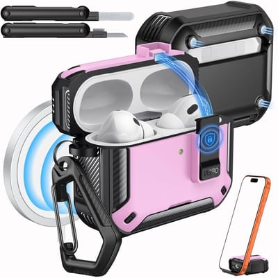 AirPods Pro 3 Hoes met Lock 2025 - Geschikt voor MagSafe, Telefoonstandaard & Auto Pop-up, Militaire Bescherming met Reinigingskit, Roze en Zwart