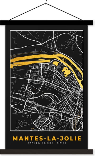 Posterhanger incl. Poster 40x60 cm - Schoolplaat - Frankrijk - Mantes-la-Jolie - Stadskaart - Kaart - Plattegrond - Textielposter - Zwarte latten - Stadskaart