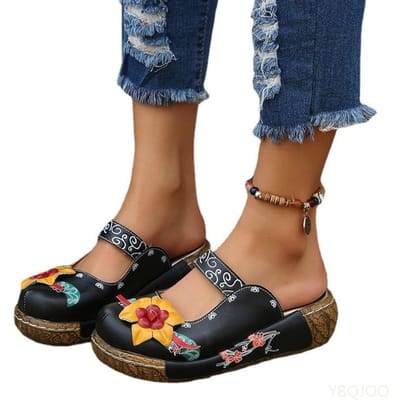 Chaussures d'été pour femmes Nouvelles Sandales Romaines à Plateforme Confort Femmes Fleur Antidérapantes Grande Taille Baotou Compensées Pantoufles pour Dames 43 noir