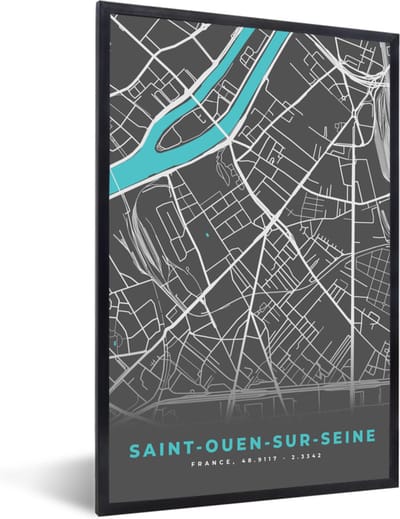 Fotolijst incl. Poster - Saint-Ouen-sur-Seine - Frankrijk - Plattegrond - Kaart - Stadskaart - 40x60 cm - Posterlijst