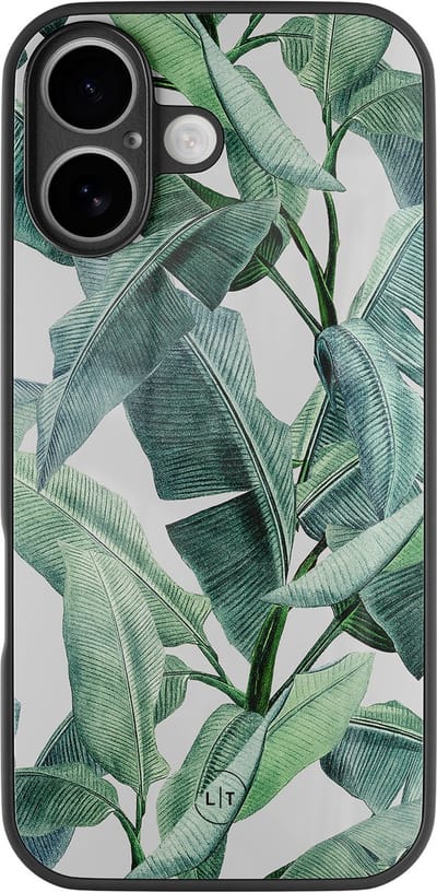 Hoesje geschikt voor iPhone 17 - Banana leaves - Luxe Glazen Hardcase - Planten - Groen - Leuke Telefoonhoesjes