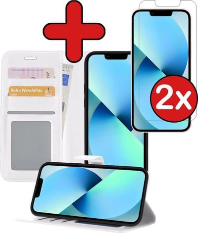Hoesje - Met 2x Screenprotector - Geschikt voor Apple iPhone 13 Mini - Luxe Pasjeshouder - Flip Case - Bookcase Portemonee - Kunstleer Book Case - Flipcase Hoes - Book Cover - Walletcase - Portemonneehoes - Telefoonhoes - Wit