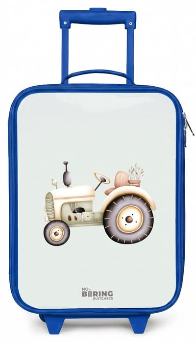 NoBoringSuitcases.com® - Kinderkoffer blauw - Kindertrolley jongen - Beige vintage tractor in pastel groene kleuren - Koffer kind lichtgewicht - Reiskoffer trolley voor kinderen - Koffertje met lichtgevende wieltjes - Rolkoffer