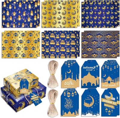 Eid Mubarak Cadeau Inpakpapier Set - 12 Vellen met Verschillende Patronen voor Ramadan Decoraties en Feestelijke Verpakkingen