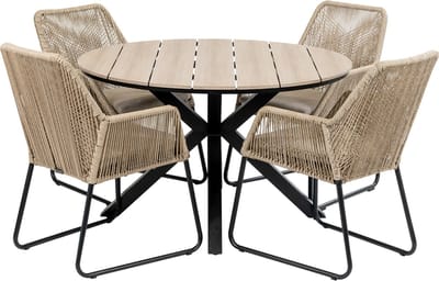 7-delige ronde tuinset | 6 Mona tuinstoelen (Sand) | ⌀150cm Cyprus tuintafel (Wood)
