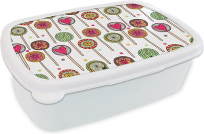 Broodtrommel Wit - Lunchbox - Brooddoos - Patroon - Lolly - Hartjes - Snoep - 18x12x6 cm - Volwassenen