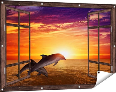 Gards Tuinposter Doorkijk Twee Dolfijnen bij de Zonsondergang - 120x80 cm - Tuindoek - Tuindecoratie - Wanddecoratie buiten - Tuinschilderij