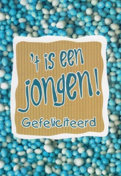 't is een jongen! Van harte gefeliciteerd! Een grappige wenskaart met muisjes in de kleur van een jongen. Leuk om zo te geven of om bij een cadeau te voegen. Een dubbele wenskaart inclusief envelop en in folie verpakt.