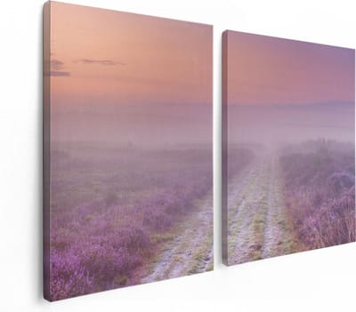 Artaza Canvas Schilderij Tweeluik Pad in de Weide tijdens de Mist - 120x80 - Foto Op Canvas - Canvas Print