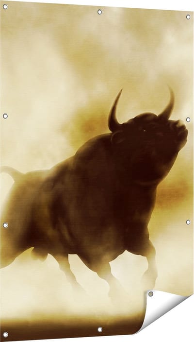 Gards Tuinposter Zwarte Stier in het Stoffige Rook - 80x120 cm - Tuindoek - Tuindecoratie - Wanddecoratie buiten - Tuinschilderij