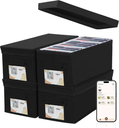 Opvouwbare CD-opbergdoos met slimme labels en QR-code voor 35 CD's in juwelendoosjes - zwart