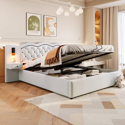 180x200 cm gestoffeerd bed - ingebouwd hoofdeinde - USB-aansluiting - twee bedlampjes - met opbergruimte - beige - zonder matras