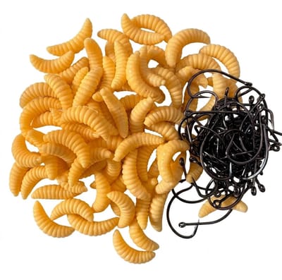 Beige vis aas kunstaas set unisex rubber maden vishaas met vis haken zachte imitatie wormen voor forel crappie panvis en zoetwater vissen 55 stuks