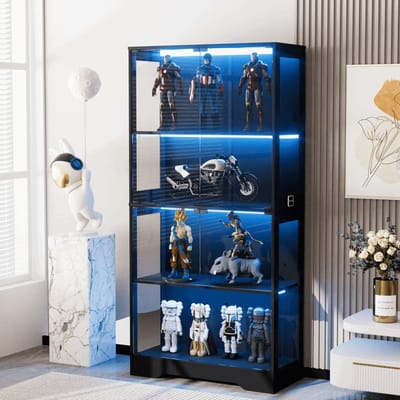 Pugsdrly Vitrinekast van gehard glas met bewegingssensorverlichting 3CCT, vitrinekast met 4 niveaus voor verzamelobjecten, opbergrek met glazen deuren, boekenkast, vitrinekast, zwart