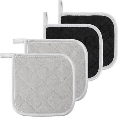 SnelShoppen - 4-Pak Hittebestendige Pannenlappen voor Keuken - Grijs Zwart - 17x17 cm - Ideaal voor Koken, Bakken, Oven en Decoratie